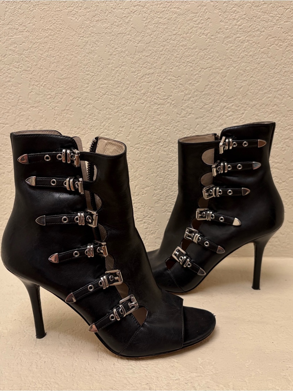 Michael Kors Black Multi-Buckle Peep-Toe Ankle Boots